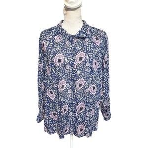 Dilli Grey Floral Print Button Down Long Sleeve Shirt Women XL Blue Pink Cotton
